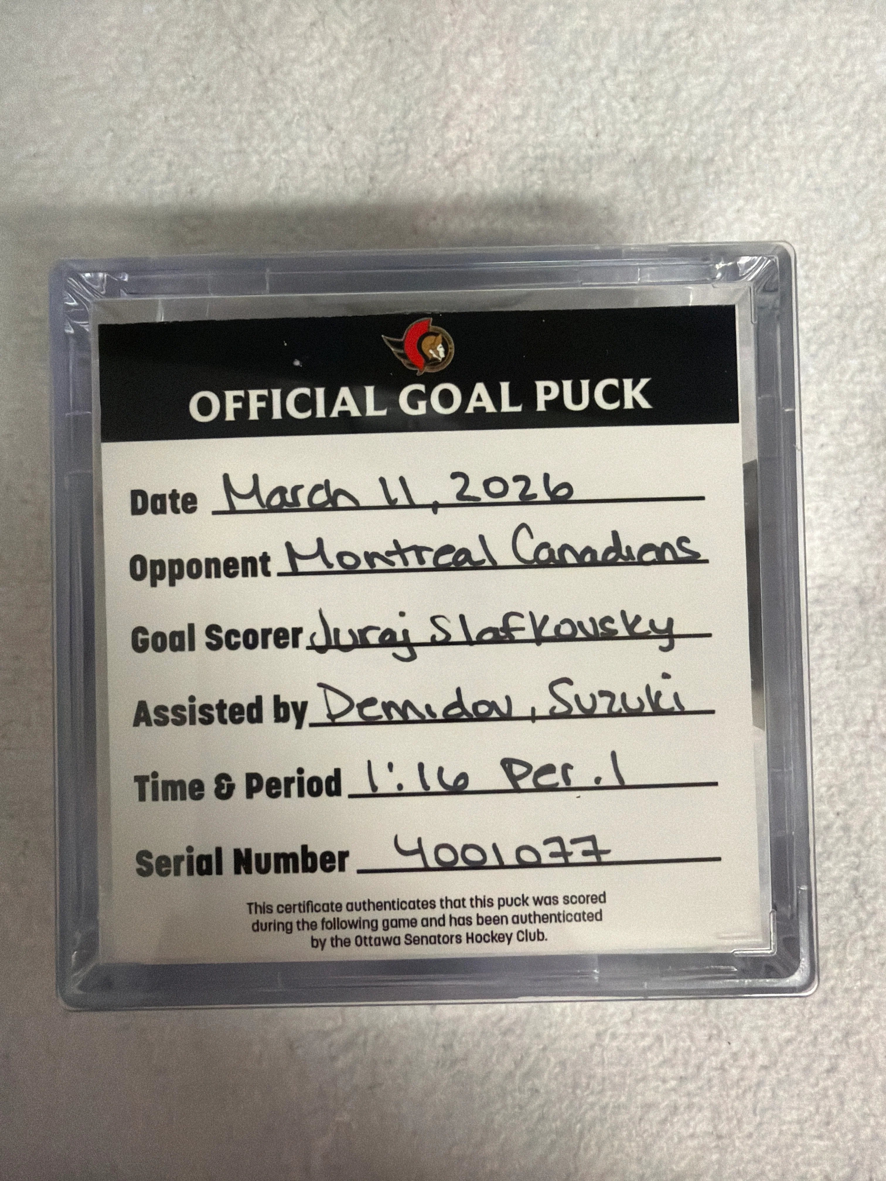 Mar 11th Juraj Slafkovsky Goal Puck (milestone)