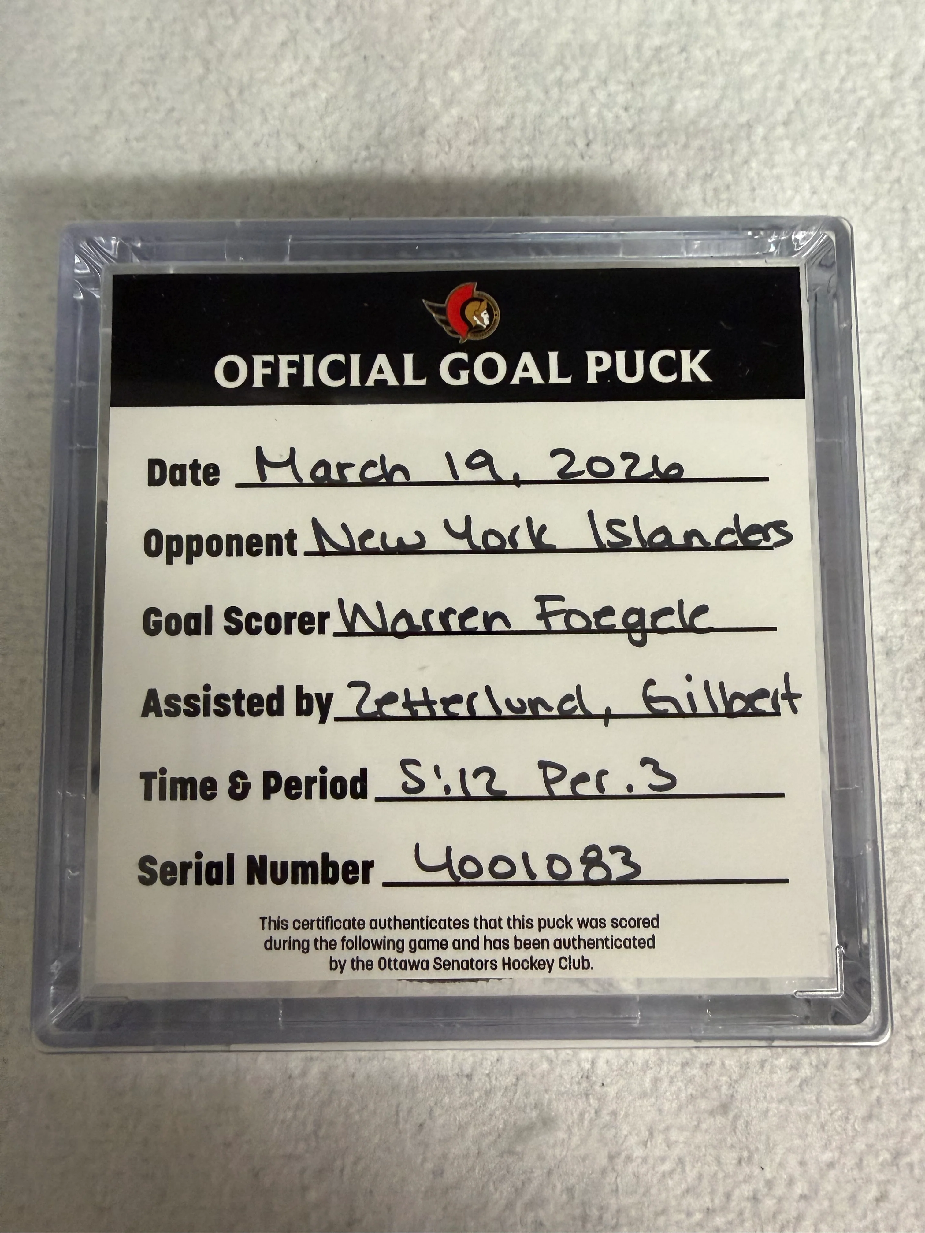 Mar 19th Warren Foegele Goal Puck